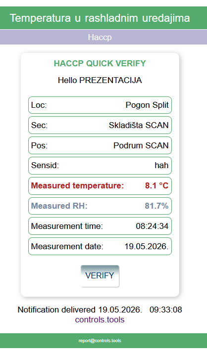 E-mail HACCP Quick Verify s izmjerenom temperaturom i gumbom Verify za potvrdu očitanja